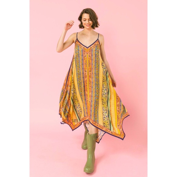 Flying Tomato Boho Print V Neck Sleeveless Hanky Hem Midi Dress - Picture 9 of 10